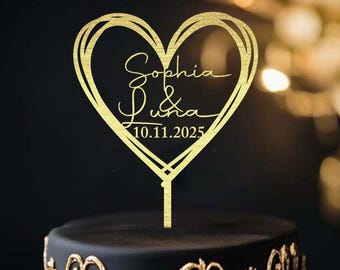 Adorno para tarta de boda con forma de corazón personalizado, acrílico o madera.