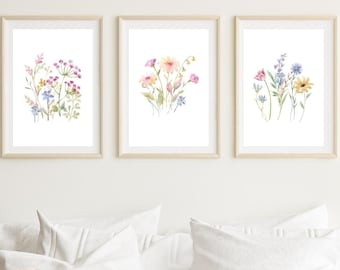 Watercolor Botanical Print Set of 3 Pink Floral Wall Art for Livingroom Cottagecore Floral Wall Art for Bedroom Wildflowers Art Download