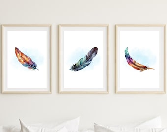 Watercolor Feather Set of 3 Wall Art Prints for Livingroom Cottagecore Art for Bedroom Wall Art Watercolour Wall Art for Nursery Download