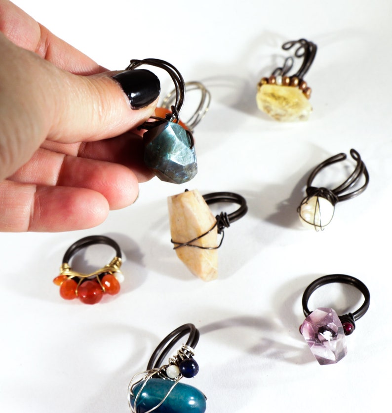 Chunky Gemstone Statement Ring OOAK Choose One Fun Fashion Real Gems Steel