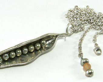 Pea Pod Necklace and Pendant Sterling Silver and Pearls OOAK Silversmith Metalwork Wearable Art jewely