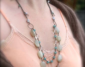 Long Layered Silver Necklace with Grey Moonstone and Amazonite