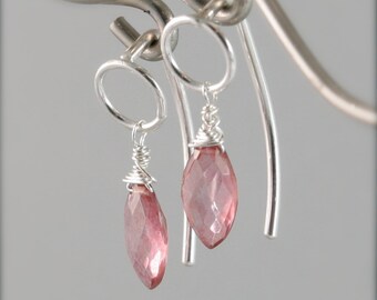 Gauged Earrings Sterling Silver with Gemstone Dangle in Pink Quartz