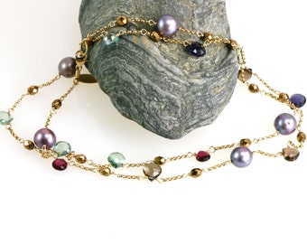 24 inch Gemstone Rope Necklace, Multi Gem Gold Chain,Pearls and Gemstones, Garnet Necklace