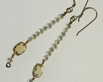 Cushion Cut Golden Citrine GemstoneDrop Earrings with White Seed Pearls Stunning