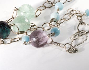 Luscious Silver Chain Long Necklace Fluorite and Amazonite Gemstones Adjustable