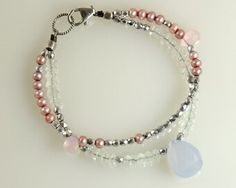 Blue Pink and Silver Chalcedony Double Bracelet of Gemstones And Pearls