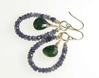 Fabulous Emerald Dangle Earrings in Gold Green and Iolite Blue