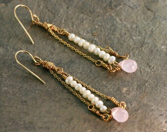 Seed Pearl Earrings, Pink Quartz Formal Earrings, Gold Dangle Earrings, Unique Bridal Jewelry