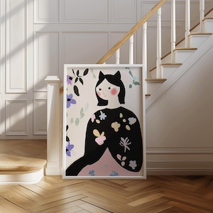 Stampa di gatto stravagante / Ritratto floreale pastello con orecchie di gatto / Arte da parete giocosa per la cameretta dei bambini / Download digitale / Arte floreale di gatto / Sogno ad occhi aperti pastello