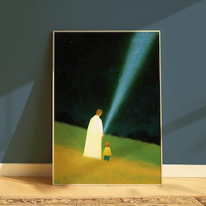 Vater und Kind Sternennacht Print | Spiritueller Sternenblick Wandkunst | Gesunde kosmische Landschaft, modernes Familienposter | Folge den Sternen
