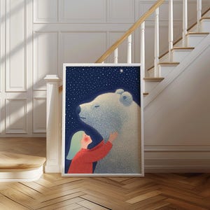 Niña caprichosa y oso polar bajo las estrellas / Ilustración de animales en el cielo nocturno / Lámina artística mágica y acogedora para niños / El guardián de las estrellas