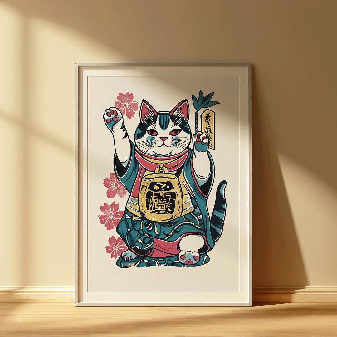 Lucky Maneki-neko Cat Wall Art | Japanese Money Cat Print With Flowers ...
