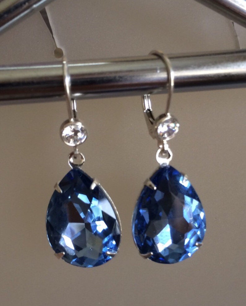 Sapphire Blue September birthstone Drop Vintage Glass Foil Back Light sapphire crystal with Sterling silver Dangle Something Blue