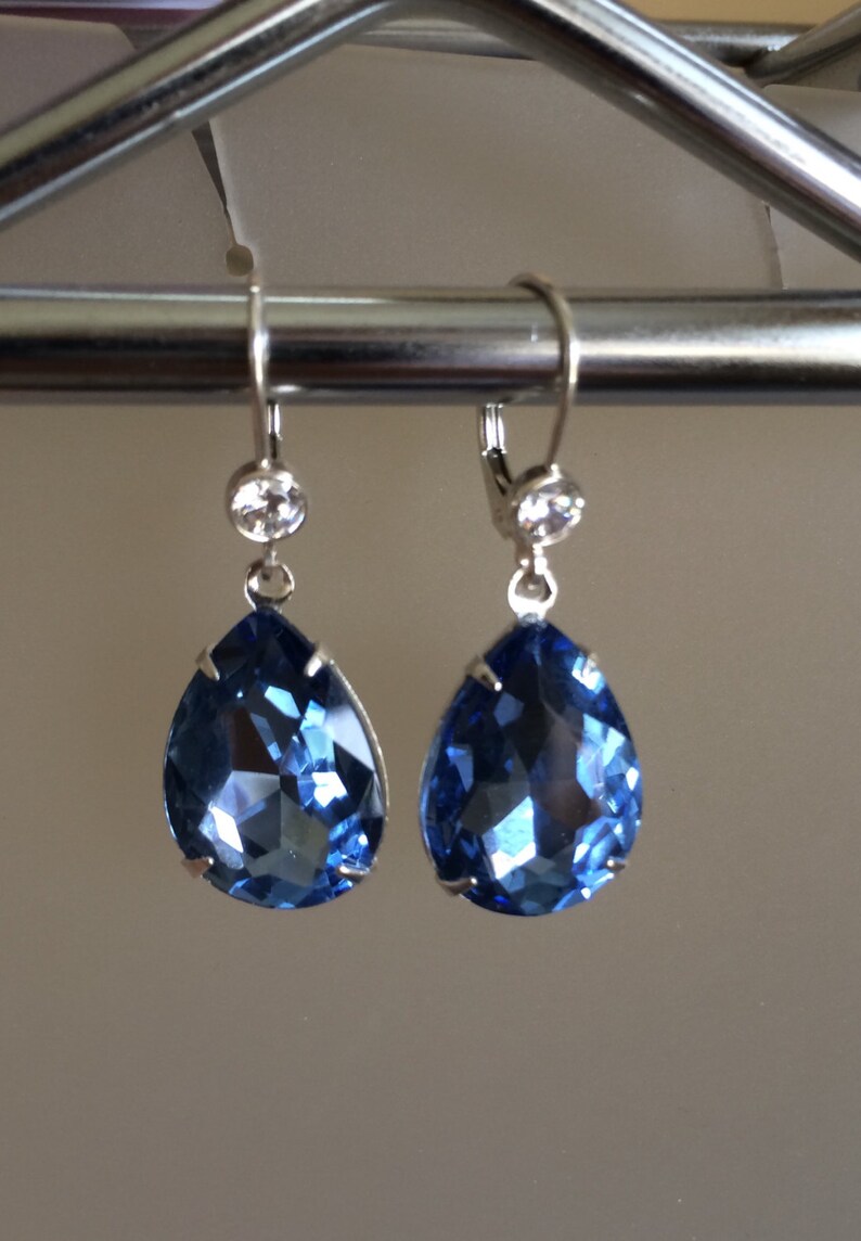 Sapphire Blue September birthstone Drop Vintage Glass Foil Back Light sapphire crystal with Sterling silver Dangle Something Blue