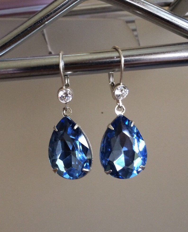 Sapphire Blue September birthstone Drop Vintage Glass Foil Back Light sapphire crystal with Sterling silver Dangle Something Blue