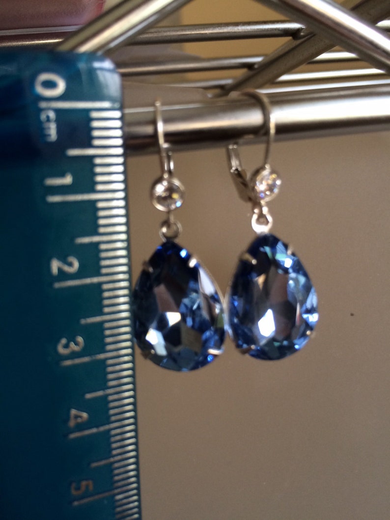 Sapphire Blue September birthstone Drop Vintage Glass Foil Back Light sapphire crystal with Sterling silver Dangle Something Blue