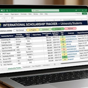 May include: A laptop screen displaying an International Scholarship Tracker spreadsheet for university students. The table includes columns for scholarship name, awarding body, degree level, field of study, award amount in USD, and application deadlines.