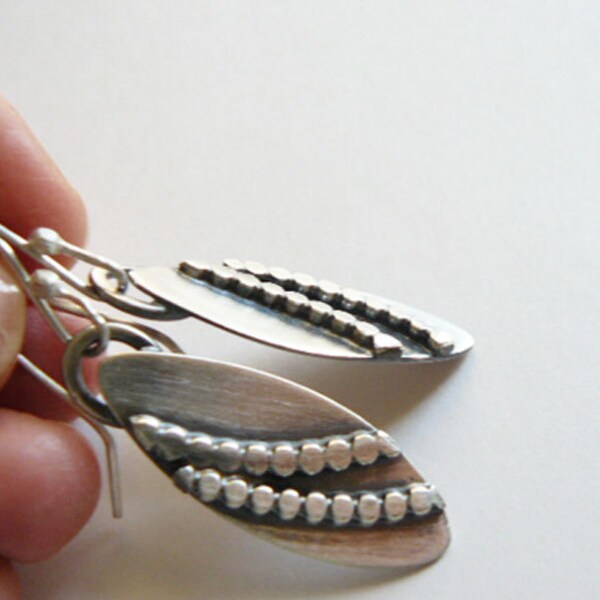 Handmade silver leaf earrings with beaded wire texture