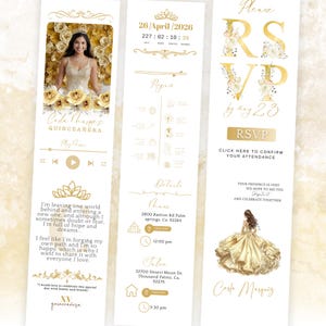 May include: A set of quincea&ntilde;era invitation cards with a gold and white color scheme. The cards include a photo of a young woman, event details, and RSVP information. The text includes the name "Carla Marquez" and the date "26/April/2026".