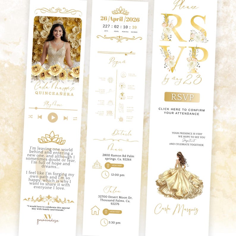 May include: A set of quincea&ntilde;era invitation cards with a gold and white color scheme. The cards include a photo of a young woman, event details, and RSVP information. The text includes the name "Carla Marquez" and the date "26/April/2026".