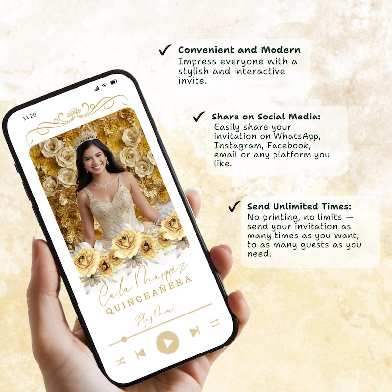 May include: A smartphone displays a quincea&ntilde;era invitation. The invitation features a photo of a young woman in a gold dress, with text that reads "Carla Marquez Quincea&ntilde;era." The phone screen also includes music player controls.