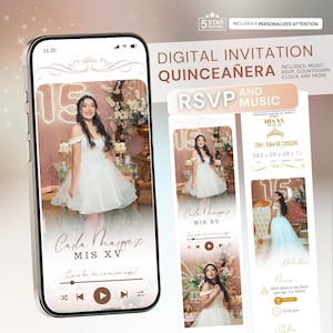 Invitación web interactiva de quinceañera: RSVP, música, cuenta regresiva