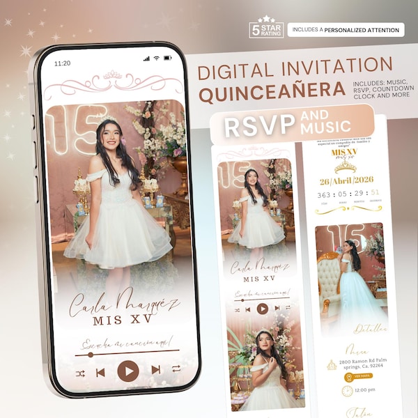 Interaktive Quinceaňera-Webeinladung: Antwortkarten, Musik, Countdown