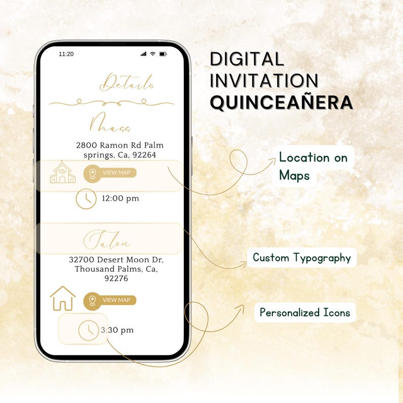 May include: A digital quincea&ntilde;era invitation displayed on a smartphone. The design features custom typography, personalized icons, and location details with map integration. The invitation includes event details such as time and location.