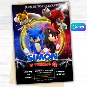 Invito di compleanno di Sonic 3, invito per la festa dei ragazzi di Super Hedgehog, invito per la festa di Super Sonic, invito modificabile di Sonic in Canva, SONIC