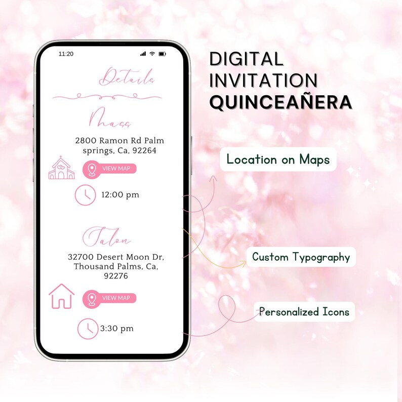 Op de afbeelding: Een smartphone toont een digitale quincea&ntilde;era-uitnodiging met evenementdetails. De uitnodiging bevat de locatie, tijd en aangepaste typografie. De achtergrond is zachtroze met bloemaccenten. De tekst op het scherm luidt "Digital Invitation Quincea&ntilde;era."