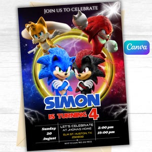 3 Faire-part d'anniversaire Sonic, Faire-part de fête pour garçons Super hérisson, Faire-part de fête Super Sonic, Faire-part Sonic modifiable sur Canva, SONIC