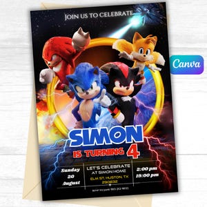 Sonic 3 verjaardagsuitnodiging, Super Hedgehog Boys-uitnodiging voor feest, Super Sonic-feestuitnodiging, bewerkbare Sonic-uitnodiging in canvas, SONIC