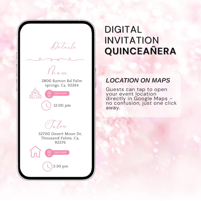 Op de afbeelding: Een digitale quincea&ntilde;era-uitnodiging weergegeven op een smartphone. De uitnodiging bevat evenementdetails, inclusief locaties en tijden, tegen een roze bloemenachtergrond. Tekst omvat "Digitale Uitnodiging Quincea&ntilde;era" en "Locatie op kaarten."