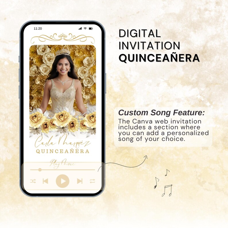 May include: A digital quincea&ntilde;era invitation displayed on a smartphone. The invitation features a photo of a young woman in a gold dress, surrounded by gold roses. Text includes "Digital Invitation Quincea&ntilde;era" and "Carla Marquez".