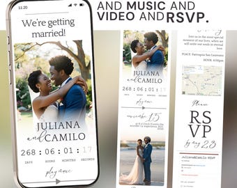 Invitación para sitio web de boda: RSVP digital, cuenta regresiva (plantilla de Canva)