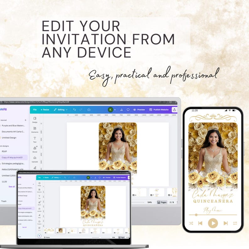 May include: A digital design showcasing a quincea&ntilde;era invitation on a laptop, tablet, and smartphone. The invitation features a photo of a young woman in a gold dress, surrounded by gold roses, with the text "Carla Thappez Quincea&ntilde;era". The text "Edit your invitation from any device" is displayed.