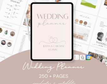 May include: A digital wedding planner on a tablet screen. The planner is pink with a gold design and the text "WEDDING planner" and "JULIAN & CAROLINE 4.7.2026". The tablet is on a table with other pages of the planner visible. The text "Wedding Planner 250+ PAGES goodnotes + notability" is below the tablet.