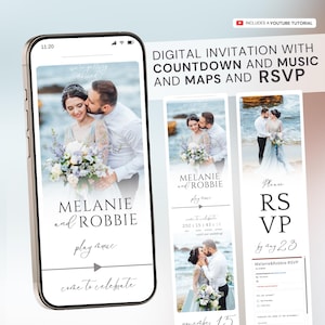 Invitación web con temporizador de cuenta regresiva incorporado, mapa rastreable y RSVP, plantilla Canva para anuncio de boda digital, invitación a sitio web,