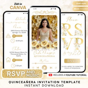 May include: A gold-themed quincea&ntilde;era invitation template displayed on three smartphones. The center phone features a photo of a woman in a gold dress. The text includes "Carla Marquez, Quincea&ntilde;era" and RSVP details. The template is available for instant download.