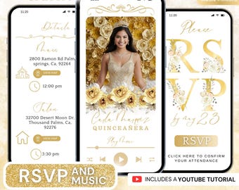 Op de afbeelding: Een gouden quinceañera-uitnodigingssjabloon weergegeven op drie smartphones. De middelste telefoon toont een foto van een vrouw in een gouden jurk. De tekst bevat "Carla Marquez, Quinceañera" en RSVP-details. Direct downloaden.