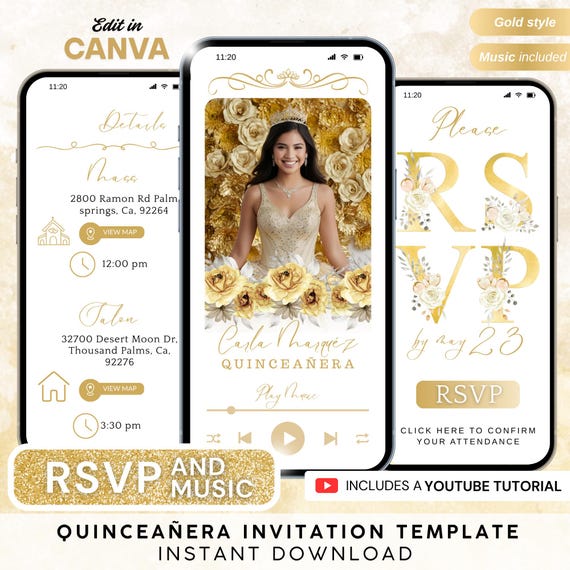 Digital Quinceañera Invitation: Editable Canva Template (Instant Download)