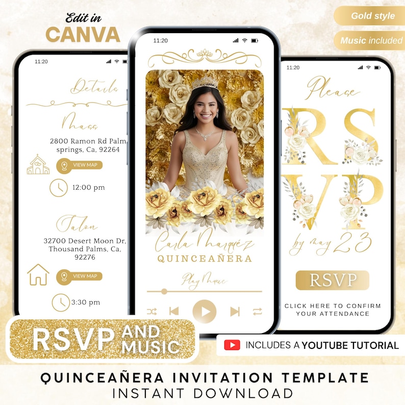 May include: A gold-themed quincea&ntilde;era invitation template displayed on three smartphones. The center phone features a photo of a woman in a gold dress. The text includes "Carla Marquez, Quincea&ntilde;era" and RSVP details. The template is available for instant download.
