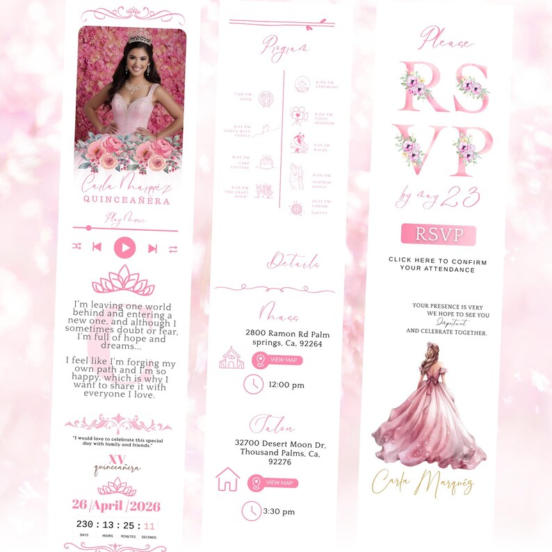 Op de afbeelding: Een roze Quincea&ntilde;era-uitnodiging met een foto van een jonge vrouw in een roze jurk. De uitnodiging bevat evenementdetails, RSVP-informatie en decoratieve bloemelementen. De datum is 26 april 2026.