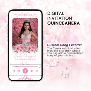 Op de afbeelding: Een digitale quincea&ntilde;era-uitnodiging weergegeven op een smartphone. De uitnodiging toont een foto van een jonge vrouw in een roze jurk, bloemaccenten en de naam "Carla Marquez". De tekst op het scherm luidt "Digital Invitation Quincea&ntilde;era."