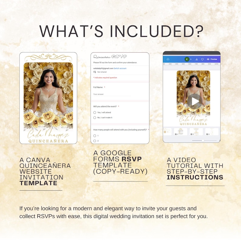 May include: Digital quincea&ntilde;era invitation set including a Canva website template, Google Forms RSVP template, and a video tutorial. The invitation features a photo of a woman in a gold dress with floral accents. Text includes "Carla Ramirez QUINCEA&Ntilde;ERA".