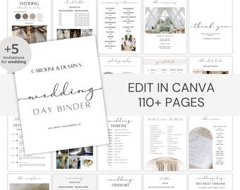 May include: A wedding planner binder with a white cover and black text that reads "CAROLINE & DUSTIN'S wedding DAY BINDER" and "SATURDAY, DECEMBER 12". The binder is open to a page with a wedding timeline. The binder is surrounded by other pages from the planner, including pages for the ceremony, reception, guest list, and more. The planner is designed to help couples plan their wedding day.