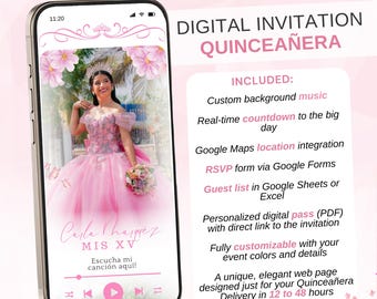 May include: Digital Quinceañera invitation displayed on a smartphone. The invitation features a young woman in a pink gown, floral accents, and the text "Carla Marquez, Mis XV." Additional text includes invitation details and features.