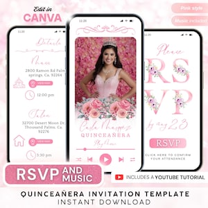 Op de afbeelding: Een Quincea&ntilde;era-uitnodigingssjabloon weergegeven op drie smartphones. De centrale telefoon toont een jonge vrouw in een roze jurk, omringd door bloemstukken. De tekst bevat details, RSVP-informatie en de zin "Direct downloaden."