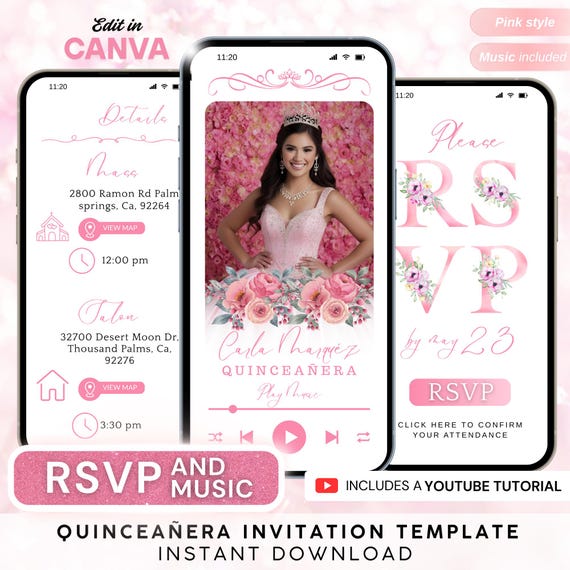 Digital Quinceañera Invitation: Editable RSVP Template (Instant Download)